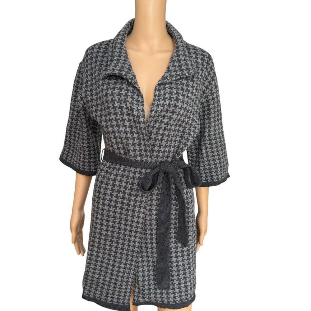 Chiara Mente Wool blend gray Cardigan Houndstooth Belted Sweater size S